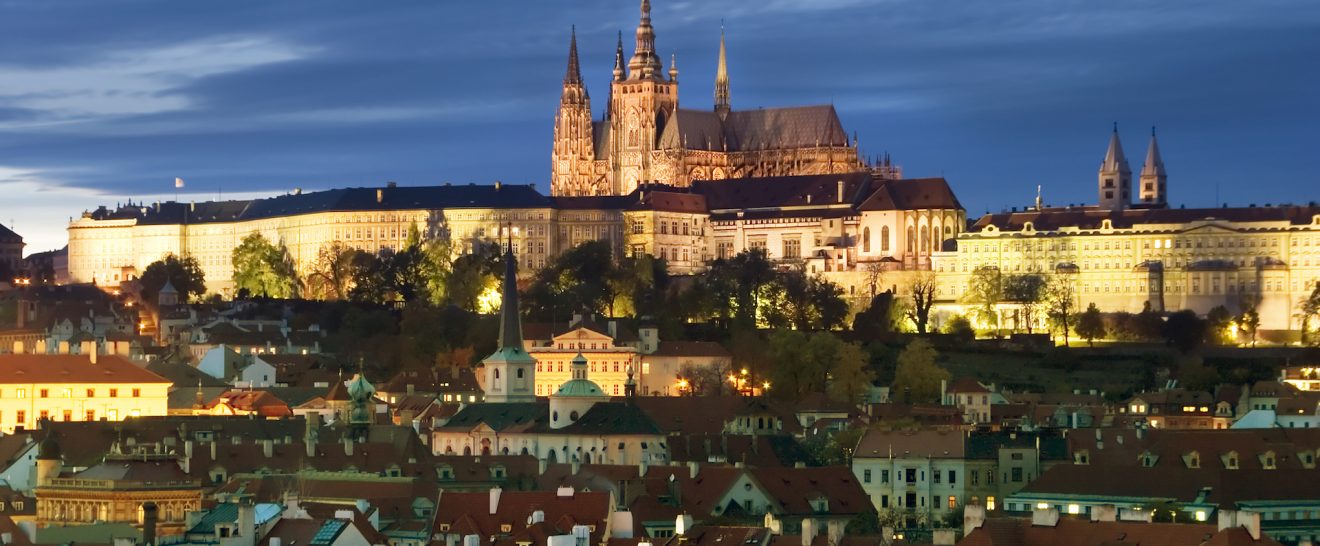 A view of the Prague Castle in the early evening, view from the Old Town Bridge Tower.